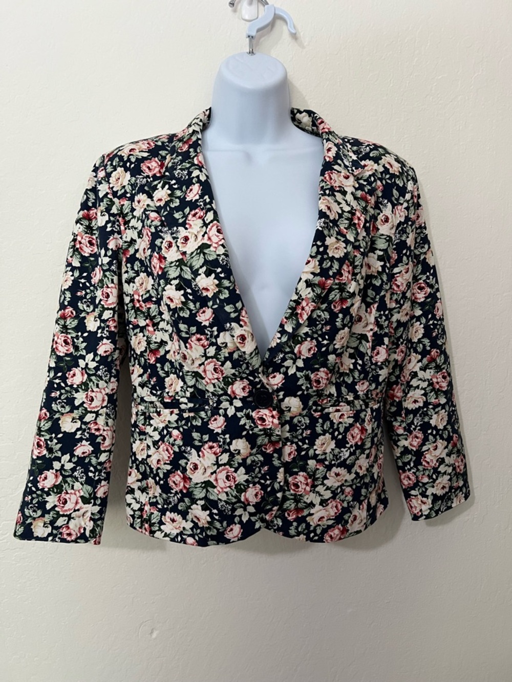 Anany Floral Print Blazer Jacket - Navy with Pink & Cream Flowers